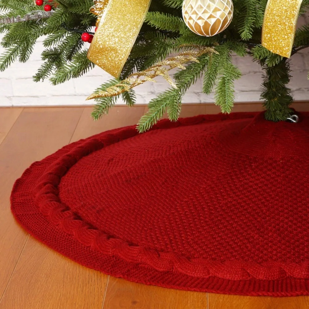Thick Luxury Cable Knit Rustic Holiday Christmas Tree Skirt 36” BURGUNDY